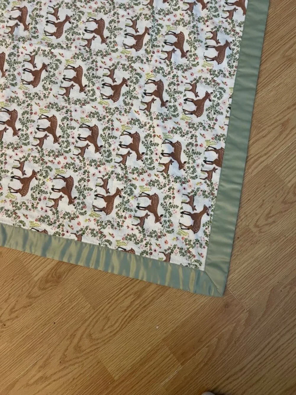 Baby Blanket Deer Pattern Satin Trim Vintage Green & Brown  Handmade Reversible